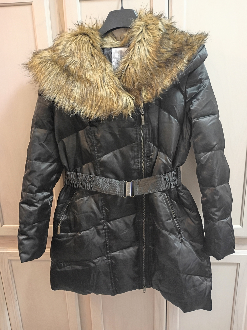 Jennifer Lopez Black Faux Fur Collar Puffer Coat PXL Excellent Condition